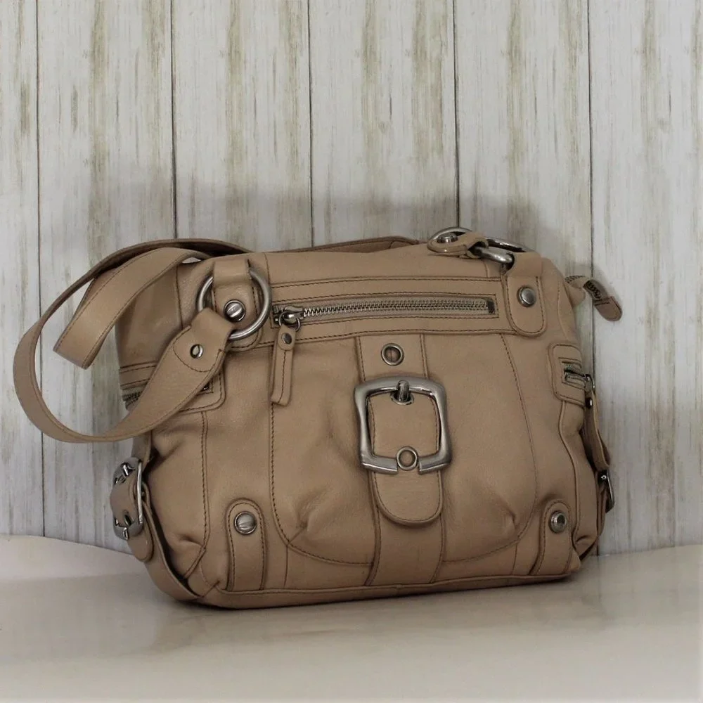 B. Makowsky Beige Leather Satchel/Shoulder Bag - Picture 2 of 12